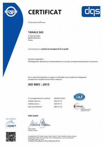 Certification ISO 9001 v2015 par DQS _ valable jusqu'au 21/07/2025